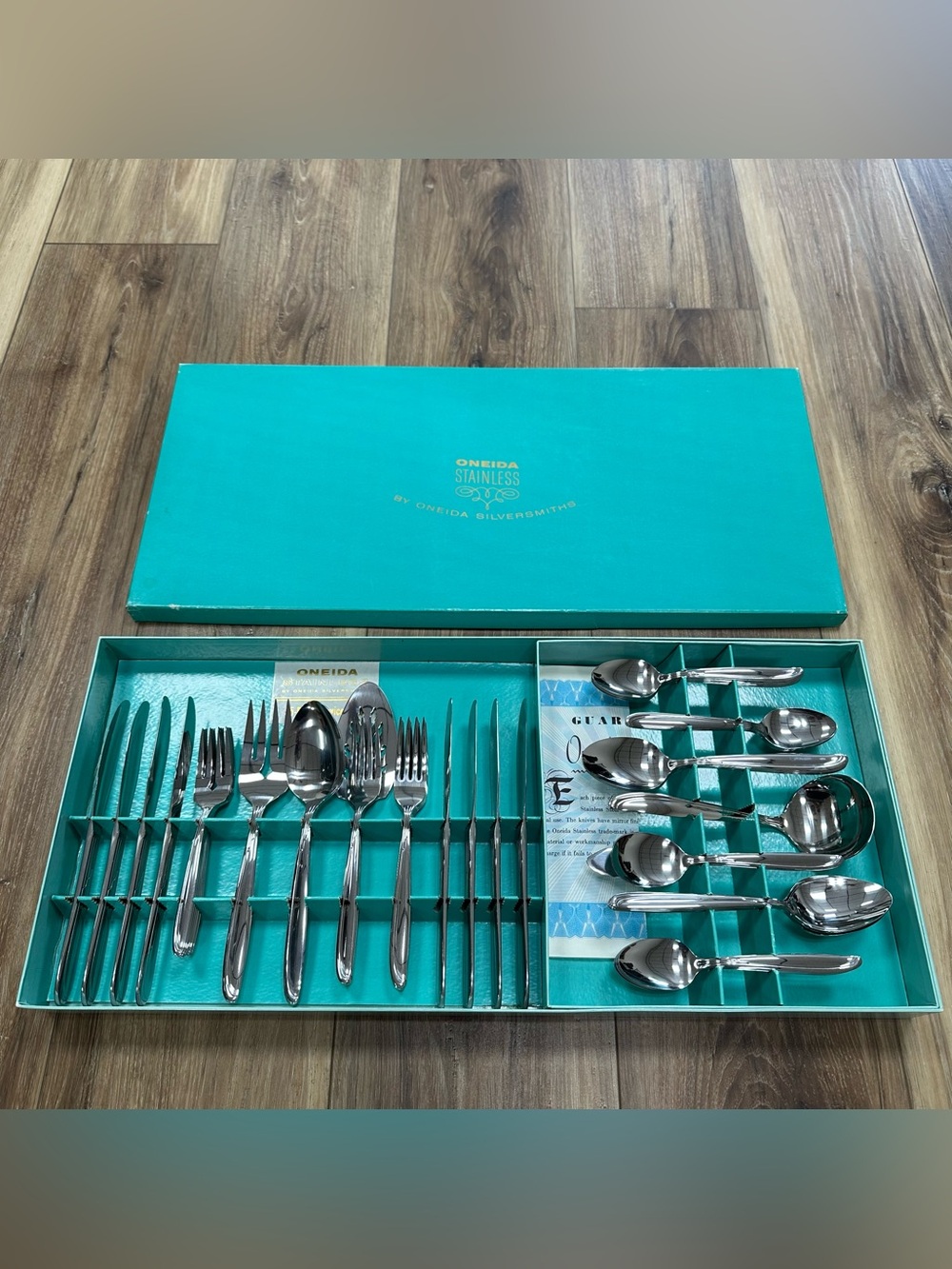 Vintage 60s Oneida Stainless Steel 55 Piece Service for 8 Set USA Made, New